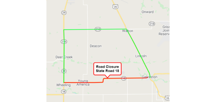 Thumbnail for the post titled: Seal coating to close State Road 18 in Cass and Carroll Counties Sept. 8-11, 2020